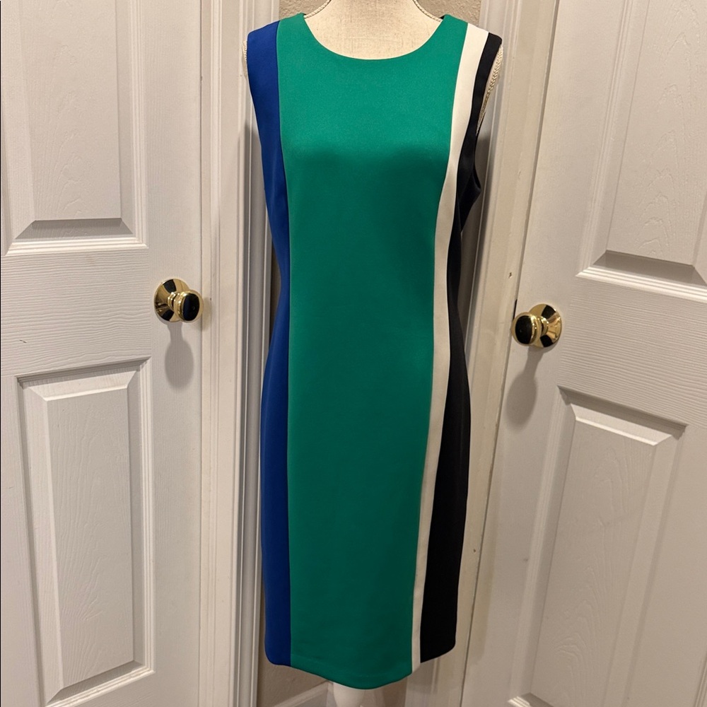 Ellen Tracy Green and Blue Colorblock Midi Dress